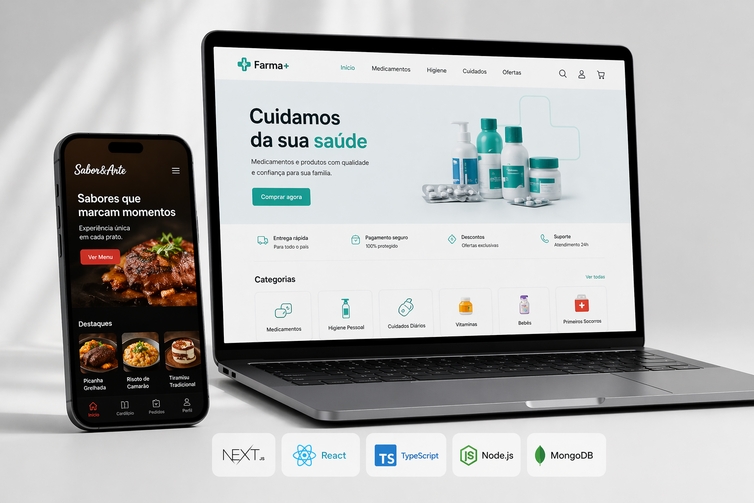Website empresarial apresentado em computador e telemóvel